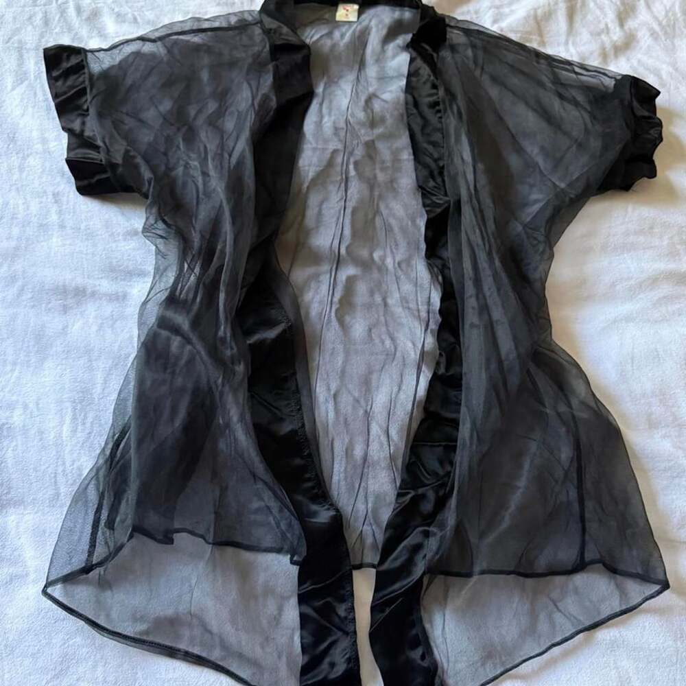 Duet Ltd Sheer Chiffon Robe Size M Black Satin Trim Vintage Goth